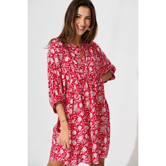 Lightweight Women's Spring Morning Flower Boho Smock Mini Dress Sz XL Red White - Picture 1 of 8